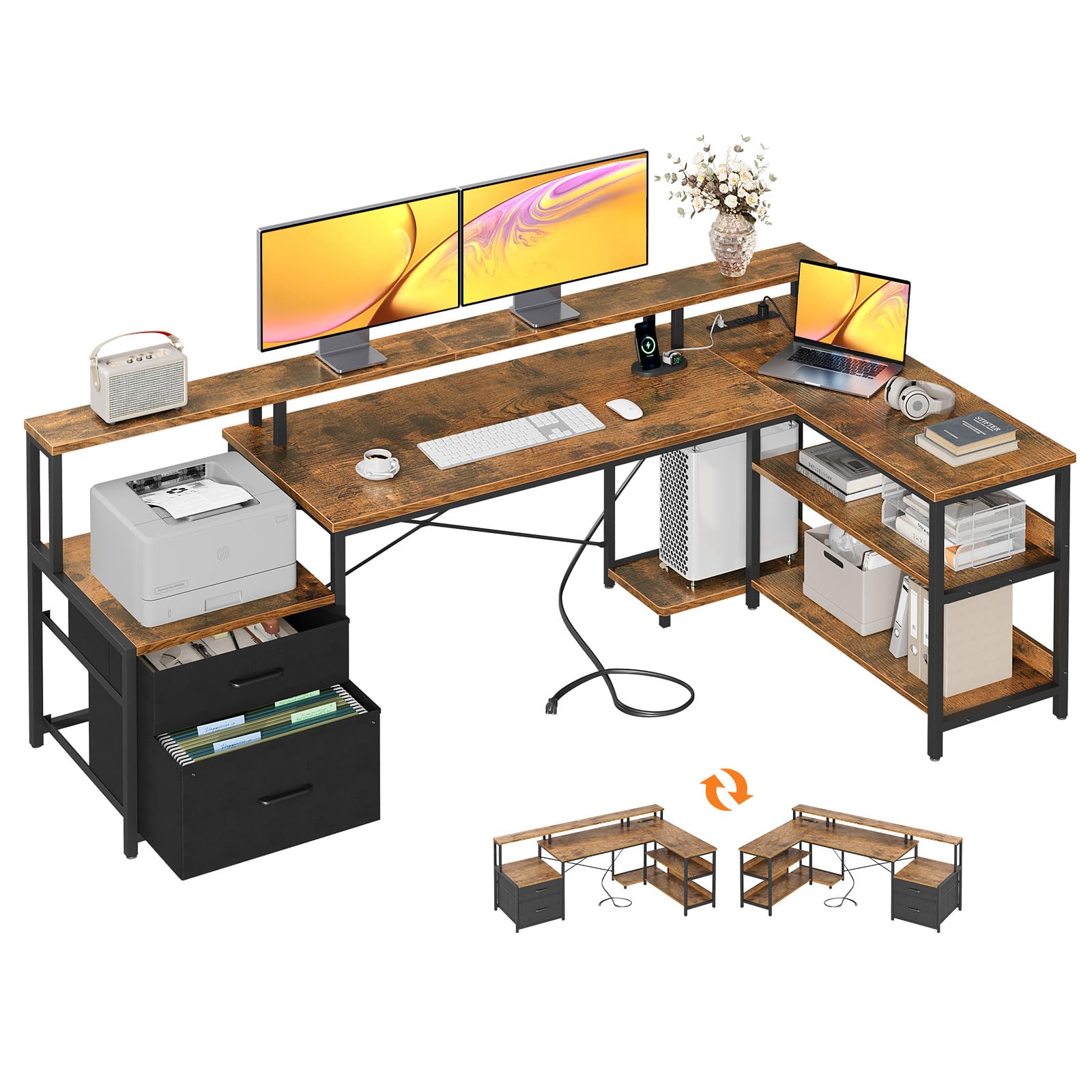 ODK 75" L Shaped Desk with File Drawers, Work from Home Office Desk with Power Outlet, Reversible Computer Desk with Storage Shelves, Gaming Desk with Monitor Shelf, Corner WFM Table, Vintage