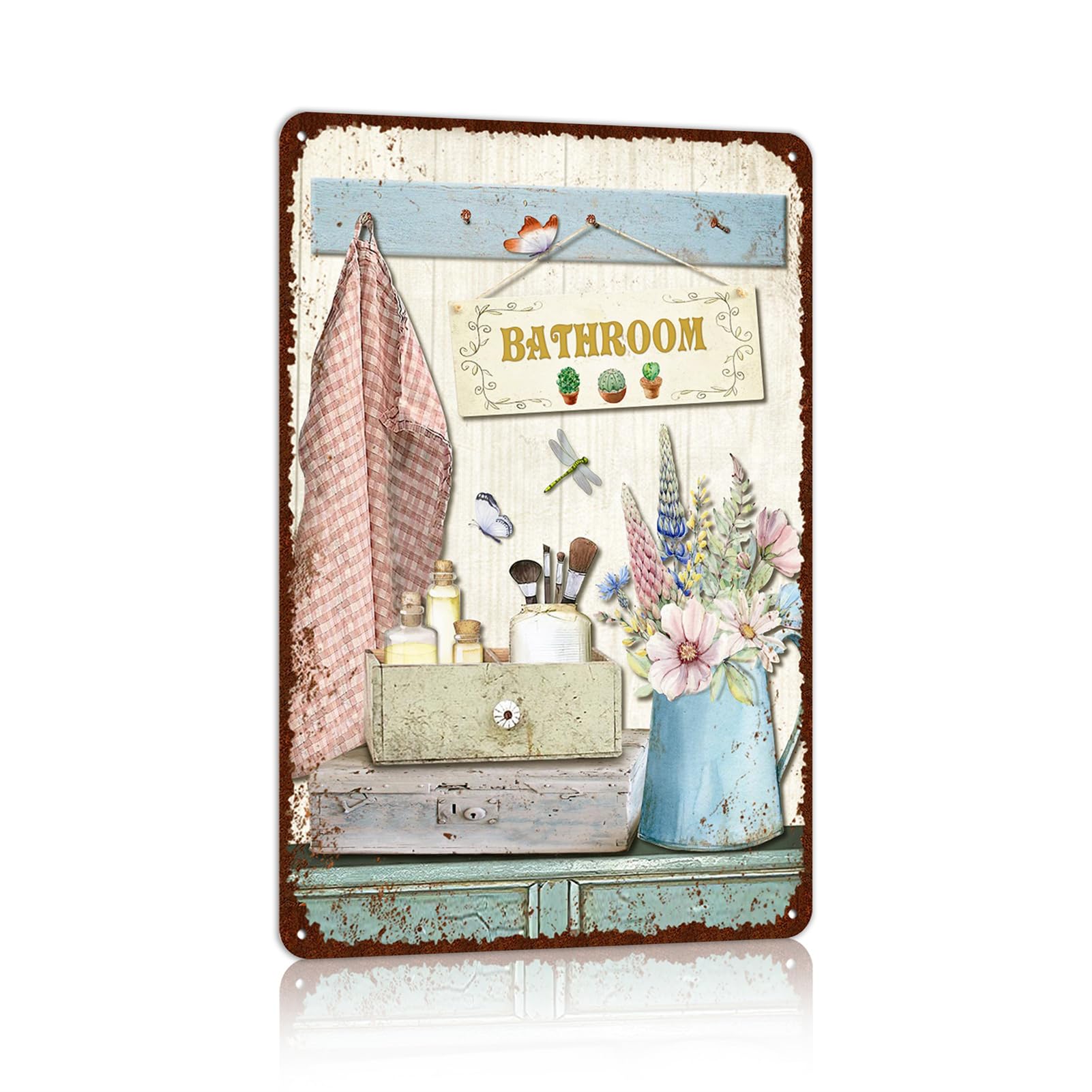 Vintage Farmhouse Bathroom Metal Tin Signs Rustic Flower Country Wall Art Decor 8X12 Inches