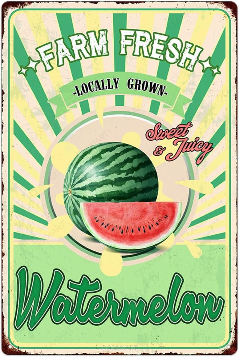 Farm Fresh Sweet Juicy Watermelon Vintage Metal Tin Sign Retro Fruit Poster Decorative Wall Art Signage Farmhouse Country Market Kitchen Bar Cafe Dining Room Home Decor 12" X 8"