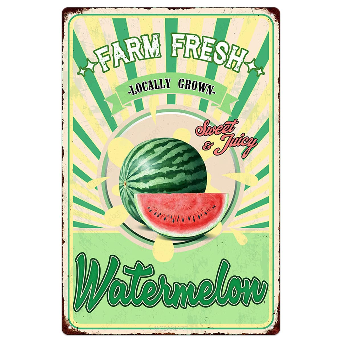 Farm Fresh Sweet Juicy Watermelon Vintage Metal Tin Sign Retro Fruit Poster Decorative Wall Art Signage Farmhouse Country Market Kitchen Bar Cafe Dining Room Home Decor 12" X 8"