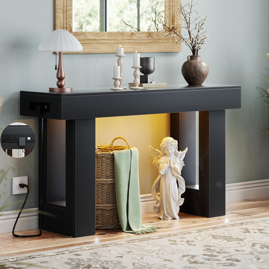 Unikito 47" Entryway Table with Socket and Sensor Light, Narrow Console Table with Storage Behind Couch, Farmhouse Entry Way Tables with Open Storage for Entrance/Hallway/Living Room, Natural Oak