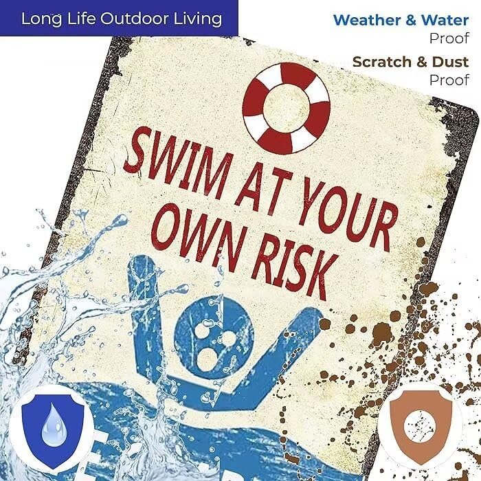 Cuorung Man Cave Decor 2pcs Vintage Tin Metal Sign Swim At Your Own Risk Lifeguard Is Drunk Again Funny Pool Posters For Garage Shop Bar Pub Wall Ation Indoor/outdoor 12x8 Inch Signs, White and Blue