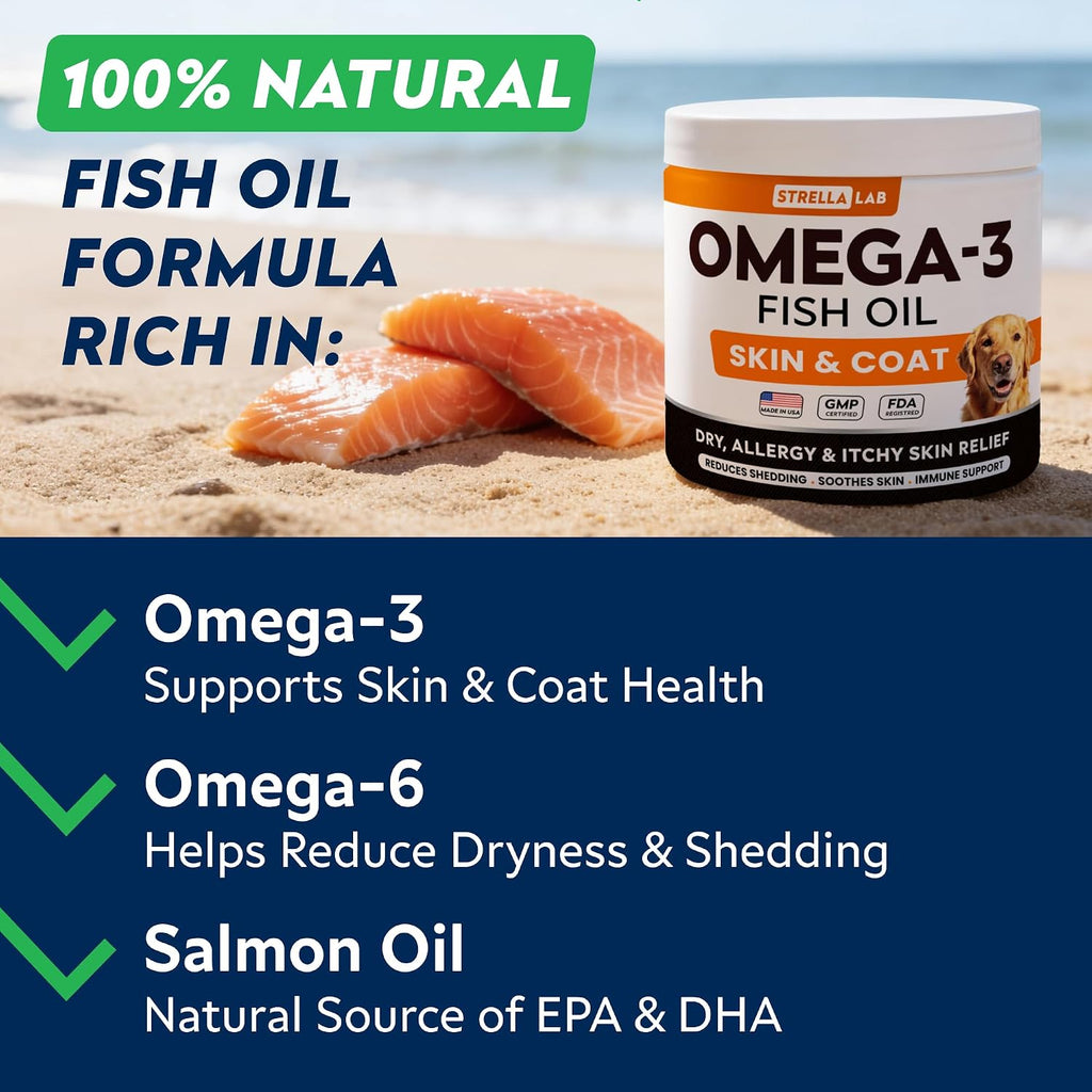 StrellaLab Omega 3 for Dogs - (180Ct) Fish Oil Treats - Allergy & Itch Relief Skin & Coat Supplement - Dry Itchy Skin, Anti Shedding & Hot Spots Treatment - Pet Salmon Oil Chews - Chicken Flavor