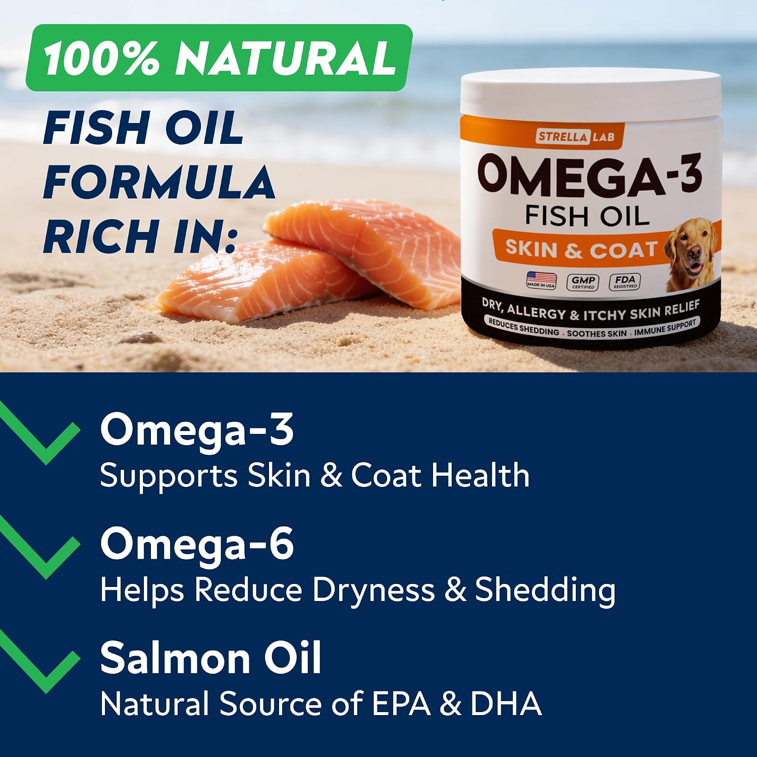 StrellaLab Omega 3 for Dogs - (180Ct) Fish Oil Treats - Allergy & Itch Relief Skin & Coat Supplement - Dry Itchy Skin, Anti Shedding & Hot Spots Treatment - Pet Salmon Oil Chews - Chicken Flavor