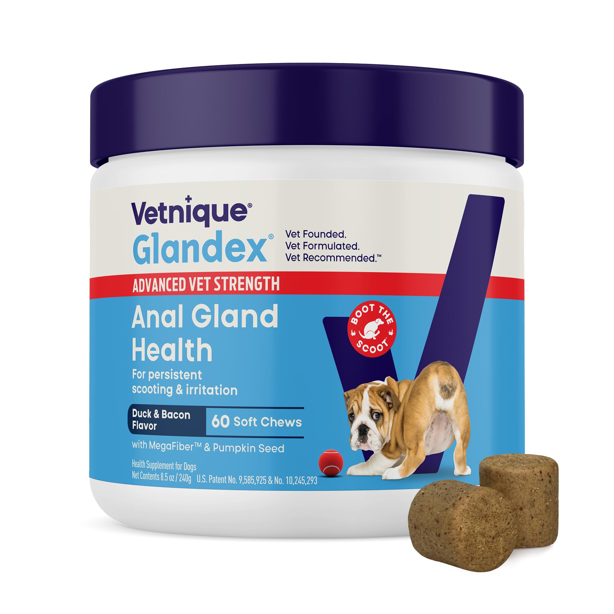 Vetnique Glandex Anal Gland Soft Chew Treats with Pumpkin for Dogs Digestive Enzymes, Probiotics Fiber Supplement for Dogs Boot The Scoot (Advanced Strength Duck/Bacon, 60 Ct)