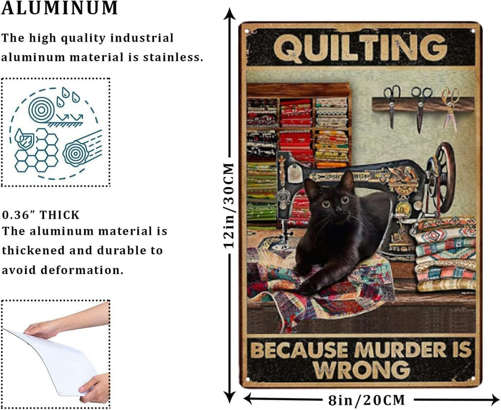 EMOHAT Quilting Because Murder Is Wrong Black Cat For Sewing Room Decor Gifts Best Decor Gift Ideas For Friends Metal Tin Painting Wall Decoration 8x12 Inch