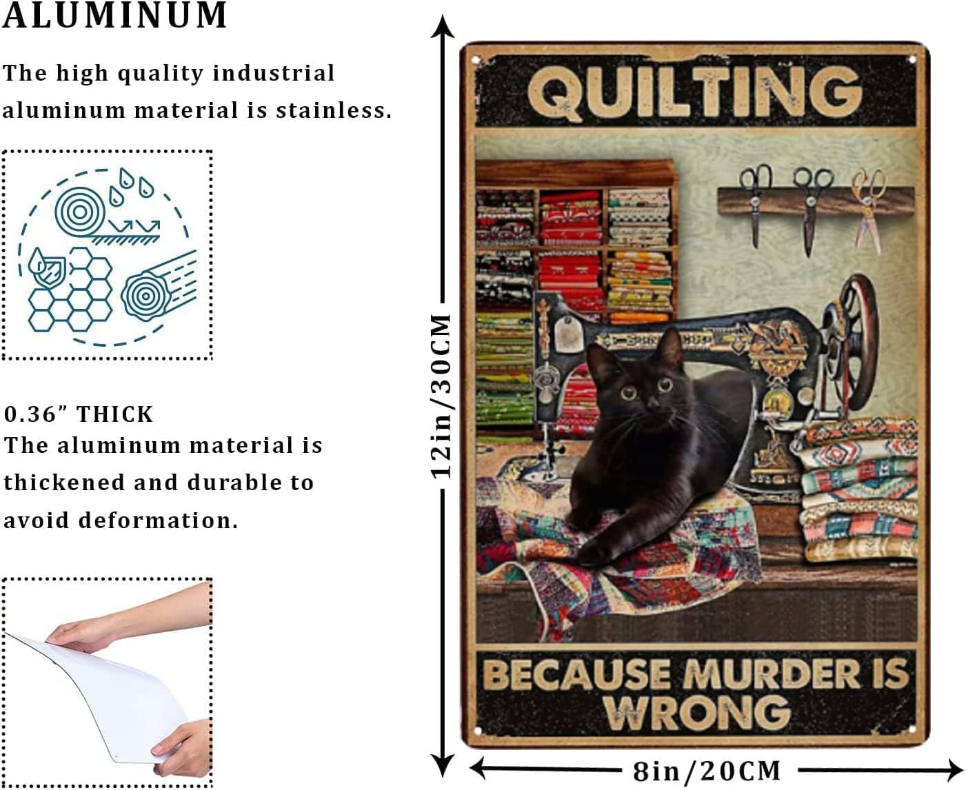 EMOHAT Quilting Because Murder Is Wrong Black Cat For Sewing Room Decor Gifts Best Decor Gift Ideas For Friends Metal Tin Painting Wall Decoration 8x12 Inch