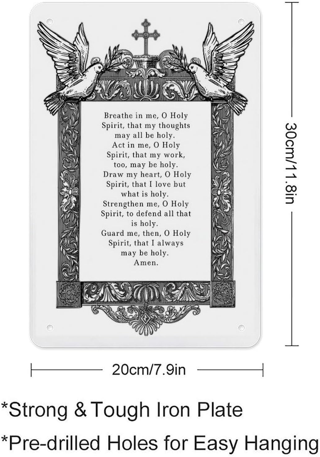Catholic Saint Augustine Holy Spirit Prayer Metal Tin Sign Poster 12x8 Inch Black White Ornate Frame Dove Cross Wall Decor For Church Office Study Bedroom Faith Gift