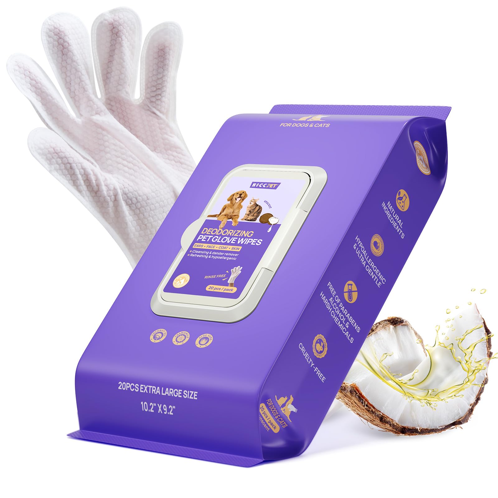 HICC PET Dog Wipes Cleaning Deodorizing Glove Wipes for Dogs, Cats & Horses, Vet Recommended Hypoallergenic Hydrating & Nourishing Pet Wipes for Eyes, Ears, Butt & Paws, No-Rinse, 6pcs Coconut Scent