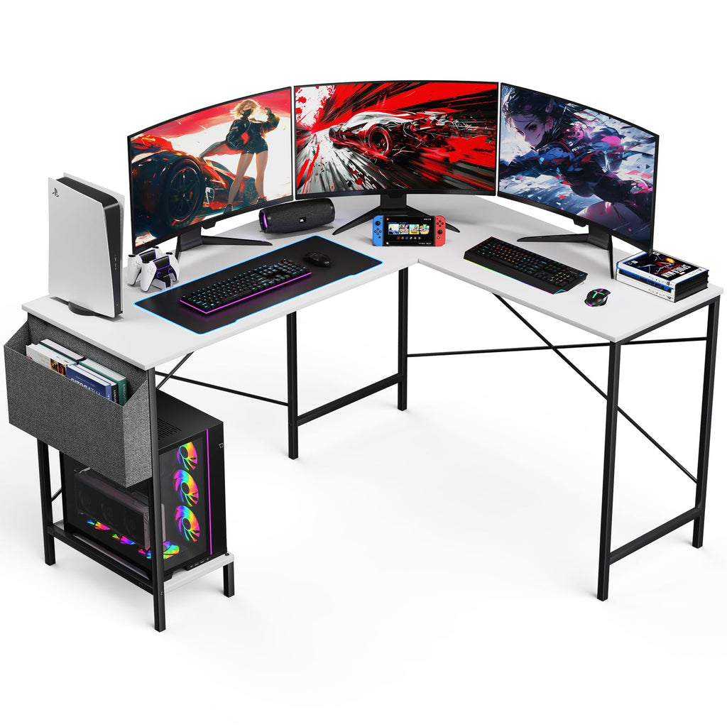 L Shaped Desk - 50" Reversible Home Office Computer Desk, Wood Top, Metal Frame, Side Bag, Sturdy Gaming Desk Corner Table for Work, Writing and Study, Space-Saving