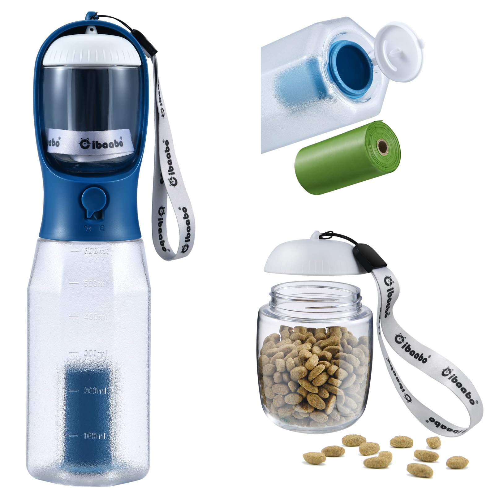 Cibaabo Dog Water Bottle with Food Container & Poop Bag Holder, Travel Water Bowl, Portable Pet Dispenser, Girl Dog Accessories Stuff Items Essentials Gift for Yorkie Chihuahua Walking Hiking