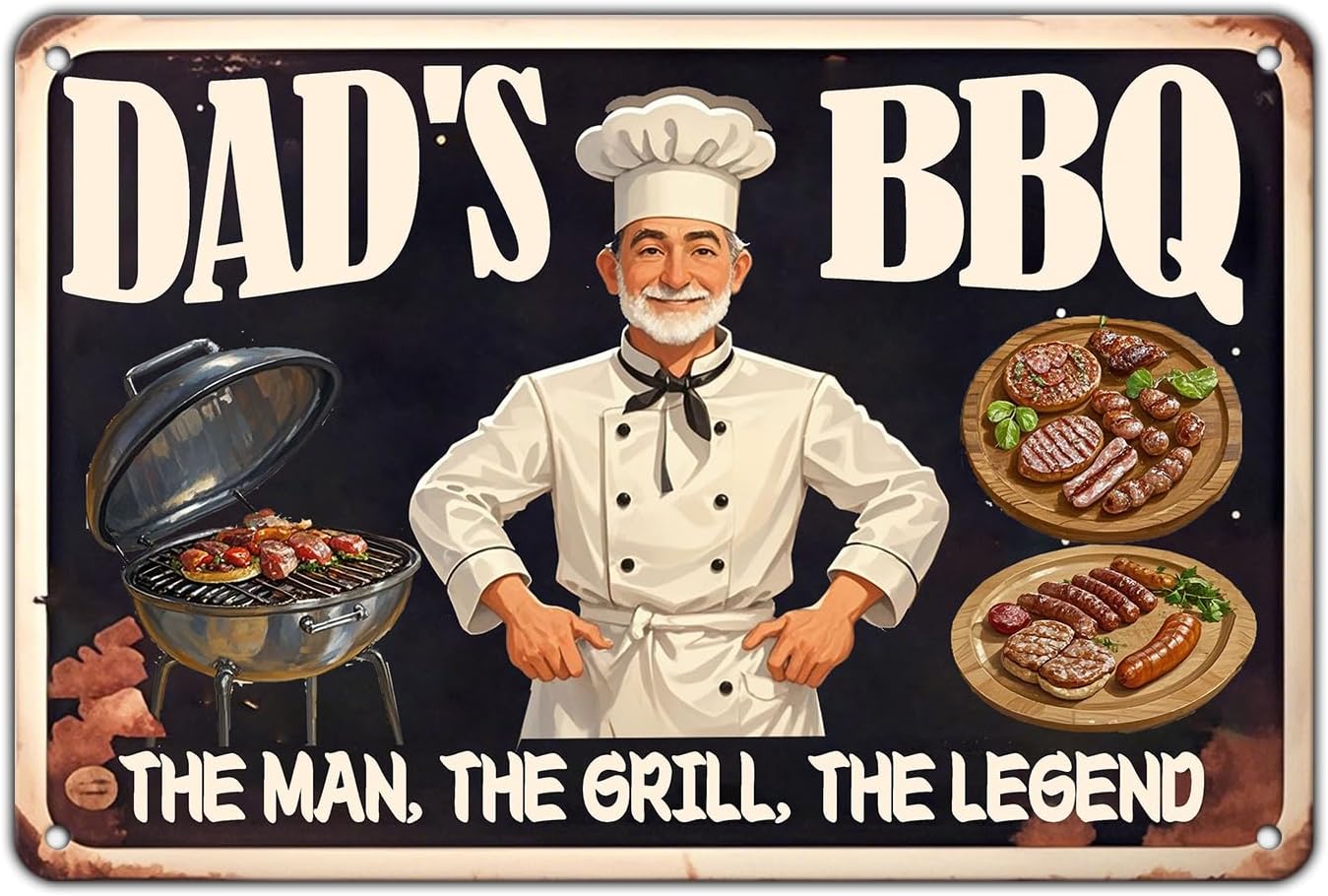 Dad's BBQ Metal Tin Sign BBQ Retro Metal Tin Sign Home Kitchen Wall Decor 12x8 Inch Funny Plaque
