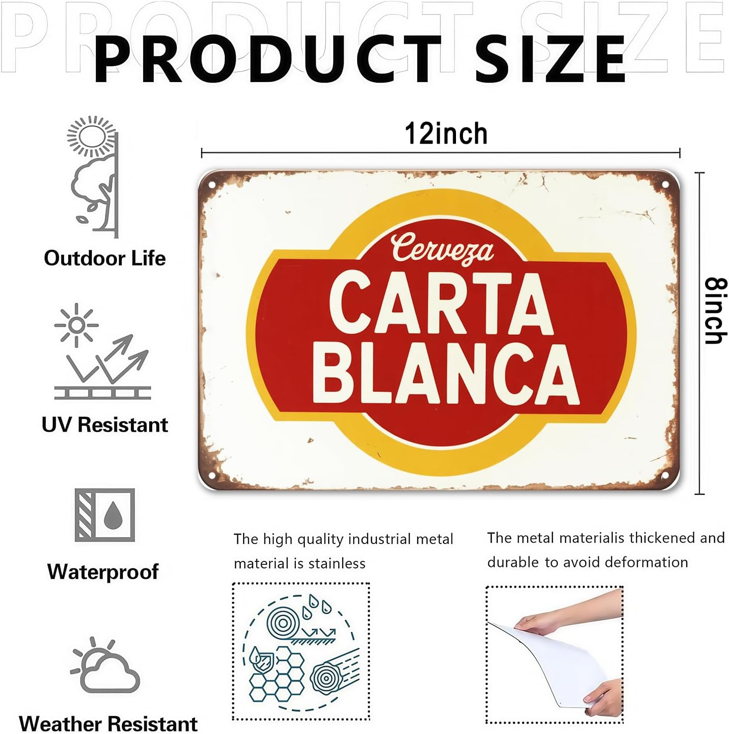 Cerveza Carta Blanca Beer Vintage Metal Tin Sign, Wall Decor for Cafe, Kitchen, Porch, Outdoor, 8x12 in