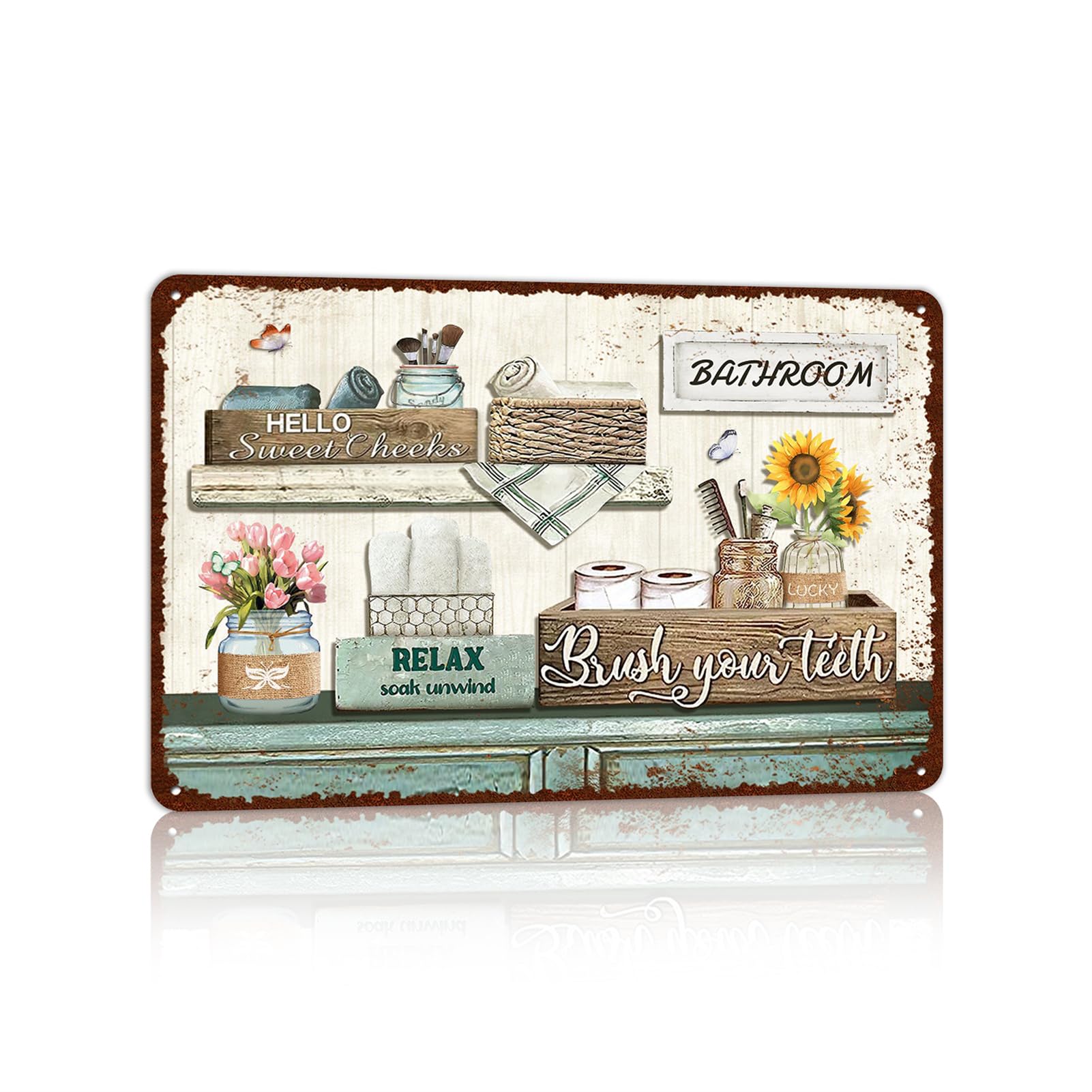 Vintage Farmhouse Bathroom Metal Tin Signs Rustic Flower Country Wall Art Decor 8X12 Inches