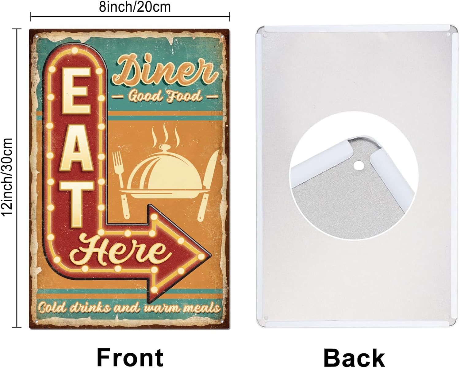 GLOBLELAND Dinner Eat Here Metal Tin Sign 8x12inch Vintage Good Food Art Plaque Poster Wall Decor for Home Kitchen Living Room Bedroom Kitchen Cafe Bar