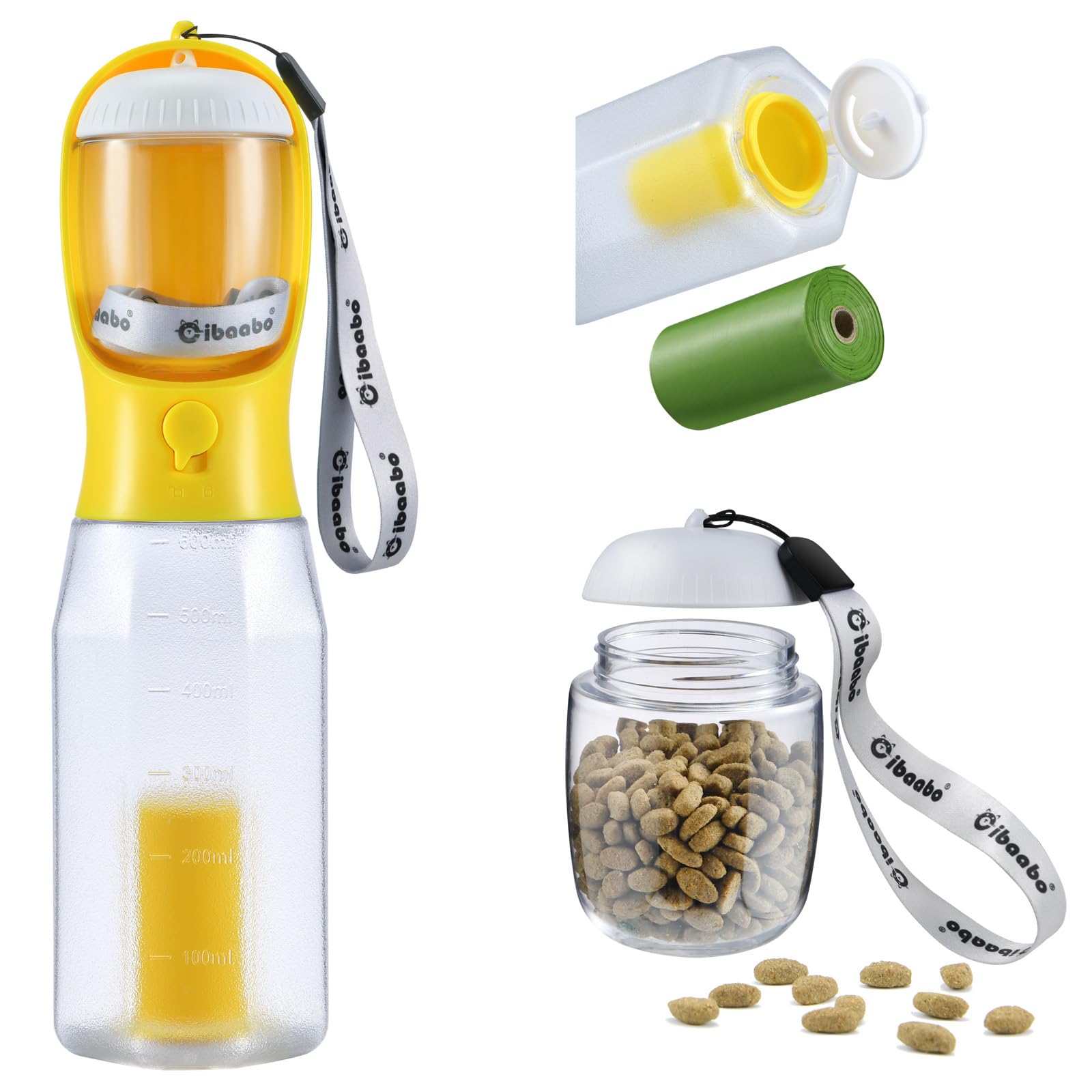 Cibaabo Dog Water Bottle with Food Container & Poop Bag Holder, Travel Water Bowl, Portable Pet Dispenser, Girl Dog Accessories Stuff Items Essentials Gift for Yorkie Chihuahua Walking Hiking