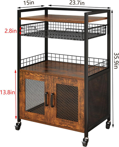 Hencawima Coffee Bar Cabinet, 3 Tier Coffee Station Table on Wheels, 35.9" H Bar Cart with Wire Basket Drawer & 5 Hooks for Home Kitchen, Liquor Buffet Sideboard Cabinet (Rustic Brown)