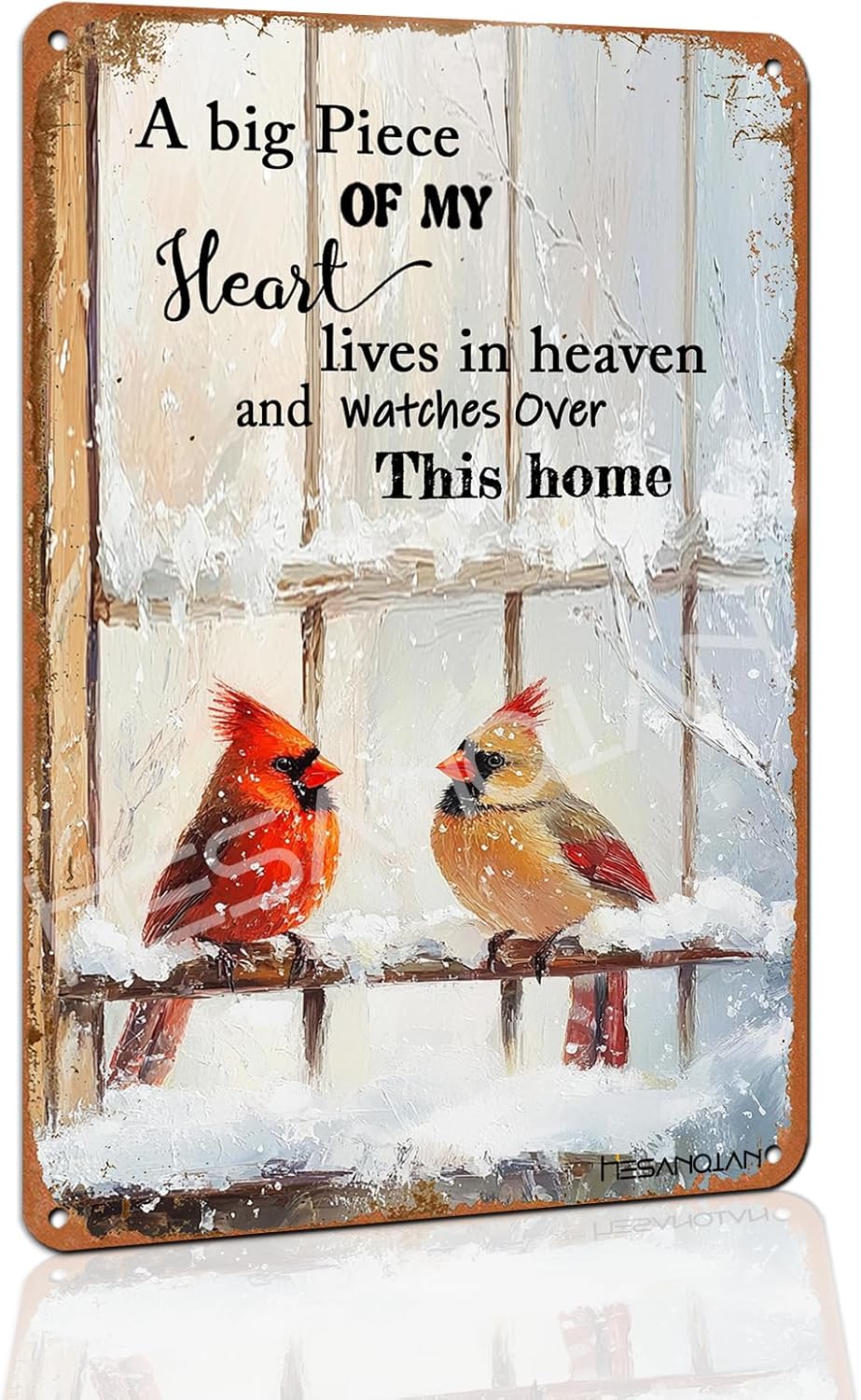 Cardinal Tin Sign, Cardinal Bird Sympathy Wall Art 8x12 Inch | A Big Piece Of My Heart Lives In Heaven Message, Handmade Home Decor