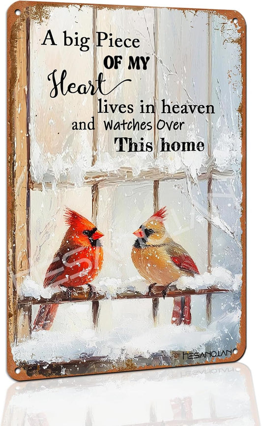 Cardinal Tin Sign, Cardinal Bird Sympathy Wall Art 8x12 Inch | A Big Piece Of My Heart Lives In Heaven Message, Handmade Home Decor