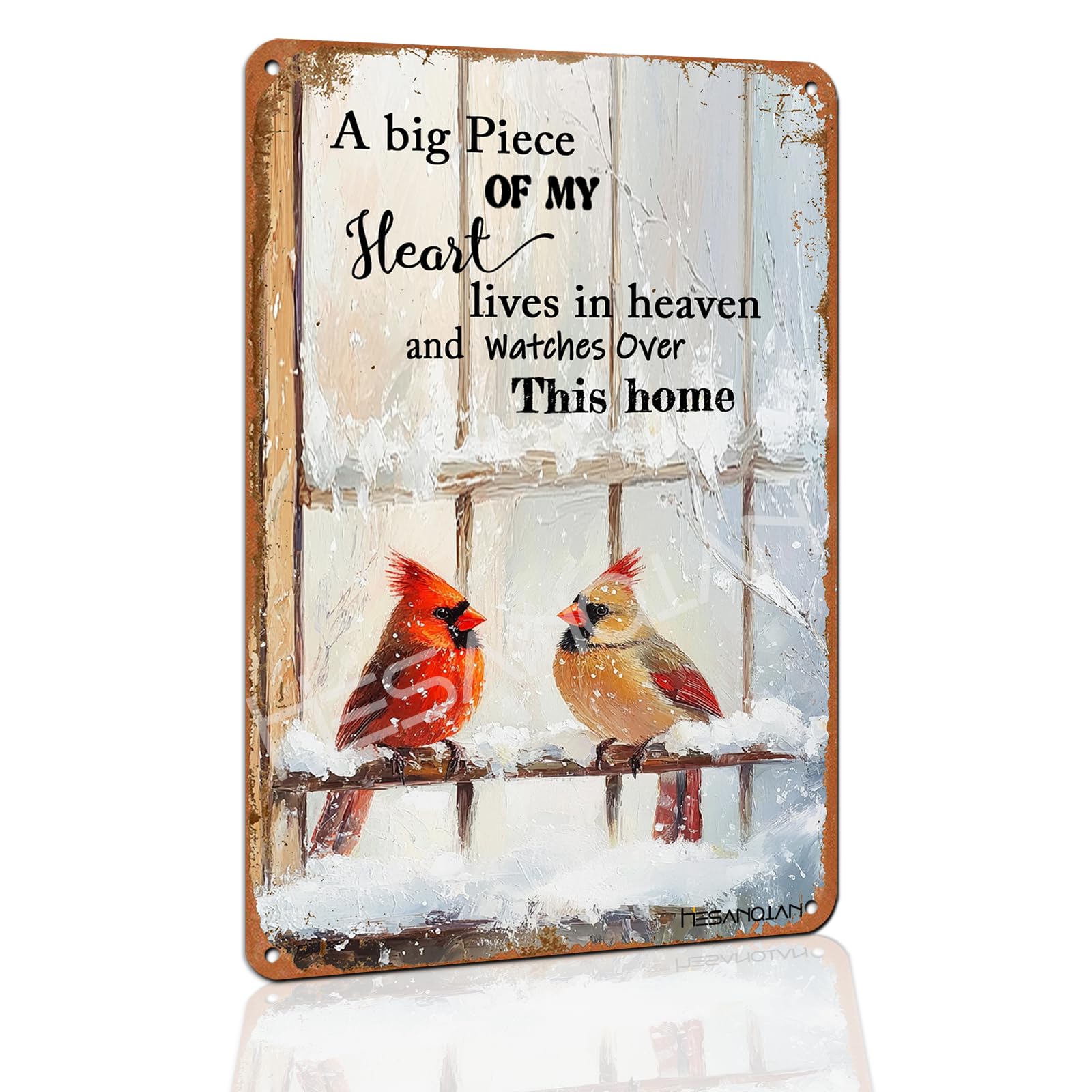 Cardinal Tin Sign, Cardinal Bird Sympathy Wall Art 8x12 Inch | A Big Piece Of My Heart Lives In Heaven Message, Handmade Home Decor