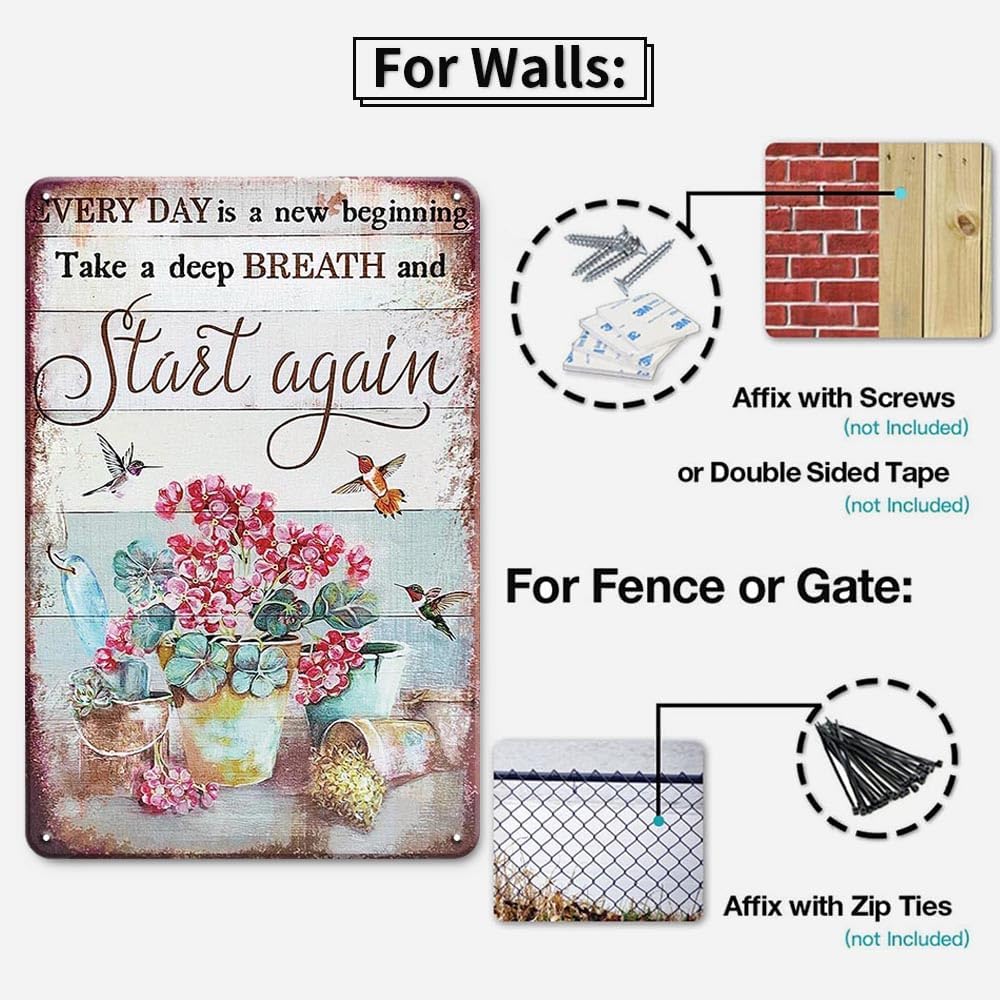 YOYI ART Vintage Flower Hummingbird Signs - Every Day is A New Beginning Take A Deep Breath and Start Again, Retro Metal Tin Signs for Patio, Room, Garden and Yard Wall Art Deocr, 8 x 12 inch