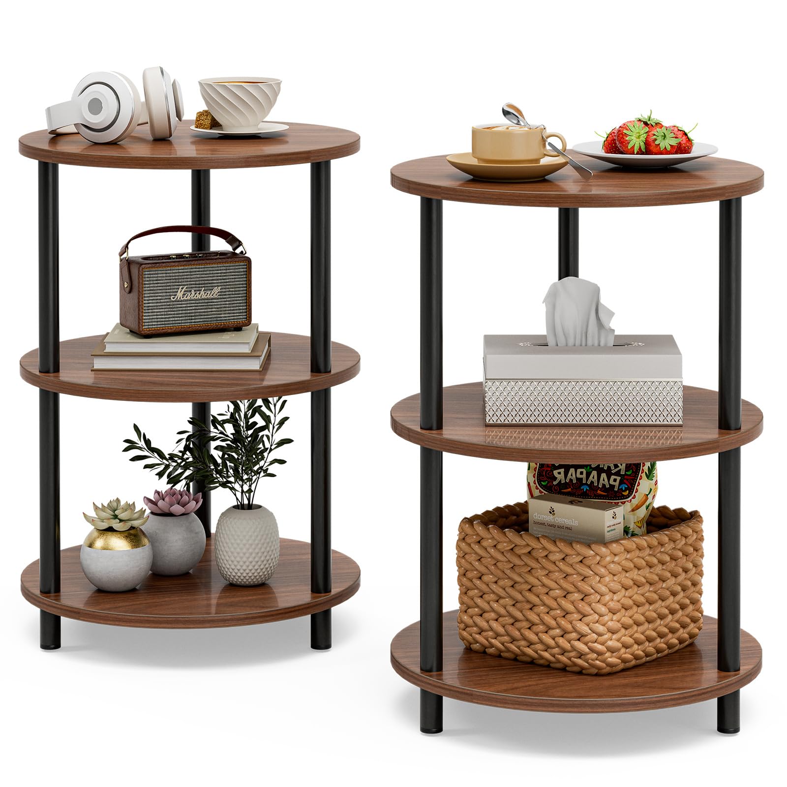 XBurmo Small Round Coffee Table - 3 Tier Design Accent Table, Narrow Side or Bedside Stand, Industrial Vintage Nightstand for Bedroom, Living Room, or Small Spaces, Rustic Brown