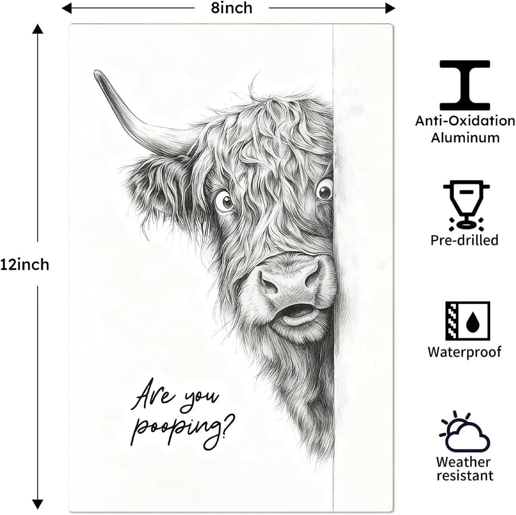 Madewell Living Funny Highland Cow Metal Tin Sign, Are You Pooping, Rustic Farmhouse Wall Decor for Bathroom, Western Bathroom Art with Humorous Quote, 8x12 Inch