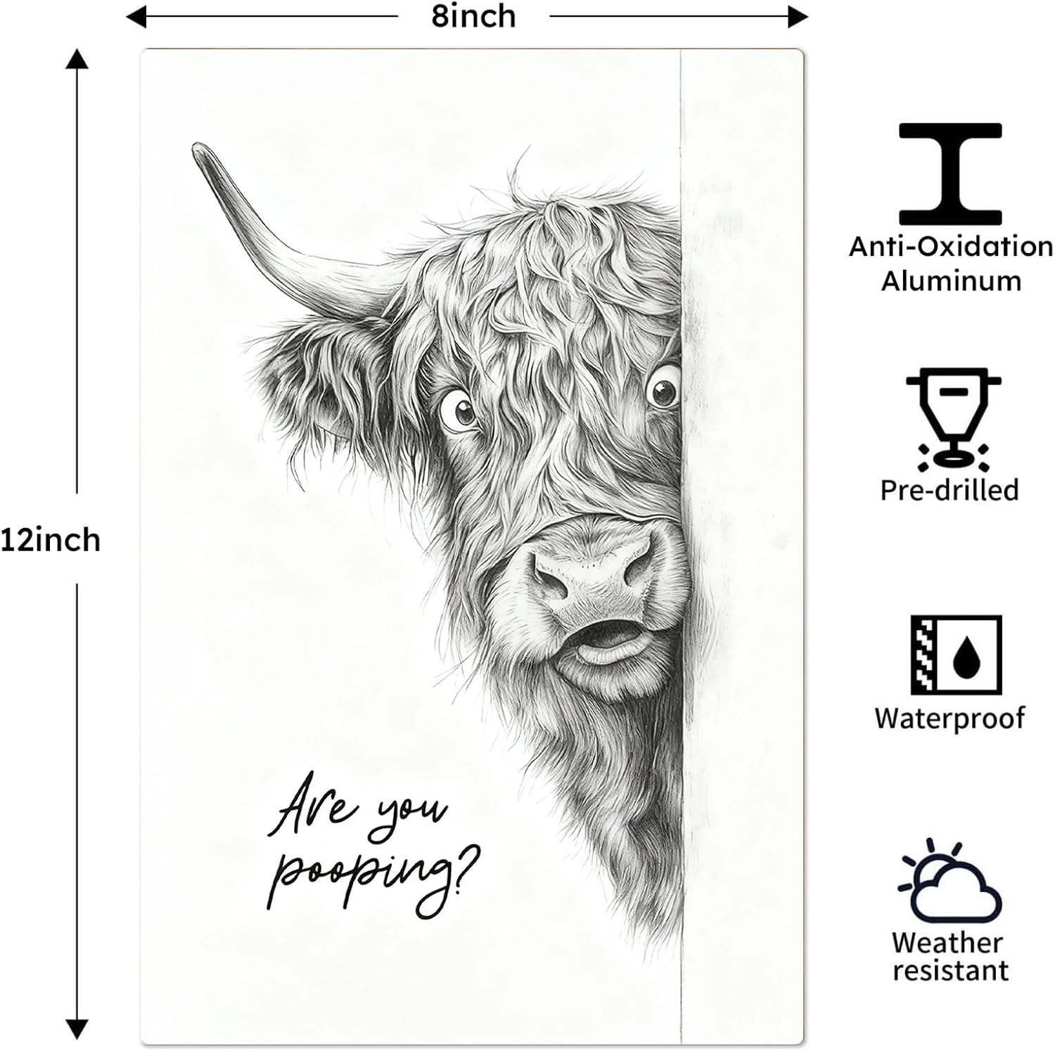 Madewell Living Funny Highland Cow Metal Tin Sign, Are You Pooping, Rustic Farmhouse Wall Decor for Bathroom, Western Bathroom Art with Humorous Quote, 8x12 Inch