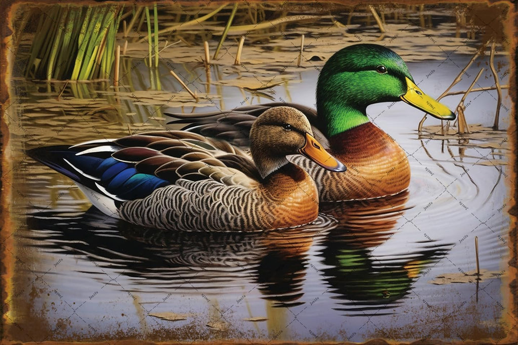 Two Mallard Ducks Swimming Metal Tin Signs Wild Birds Animal Tin Signs Ducks Tin Sign For Outdoor Indoor Lake Garden Country Bedroom Home 8x12 Inch