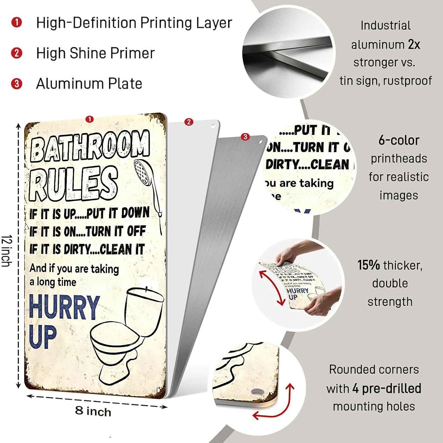 Vintage 'Bathroom Rules' Metal Tin Sign – Funny Wall Art for Bathroom Decor, 8x12 Inch