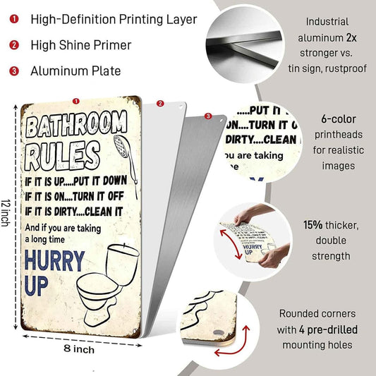 Vintage 'Bathroom Rules' Metal Tin Sign – Funny Wall Art for Bathroom Decor, 8x12 Inch