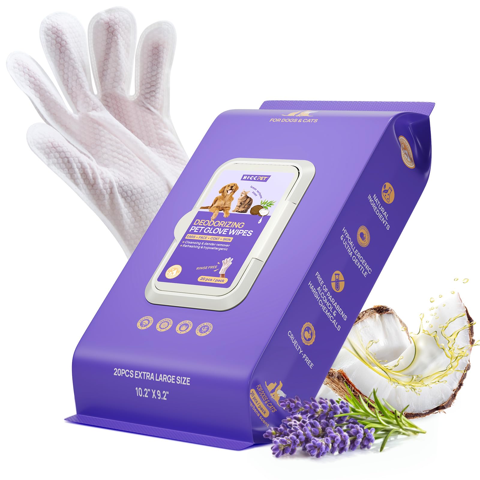 HICC PET Dog Wipes Cleaning Deodorizing Glove Wipes for Dogs, Cats & Horses, Vet Recommended Hypoallergenic Hydrating & Nourishing Pet Wipes for Eyes, Ears, Butt & Paws, No-Rinse, 6pcs Coconut Scent