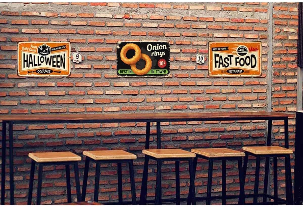 AOYEGO Onion Rings Tin Sign,Restaurant Fast Delicious Food Best in Town Black Vintage Metal Tin Signs for Cafes Bars Pubs Shop Wall Decorative Funny Retro Signs for Men Women 8x12 Inch
