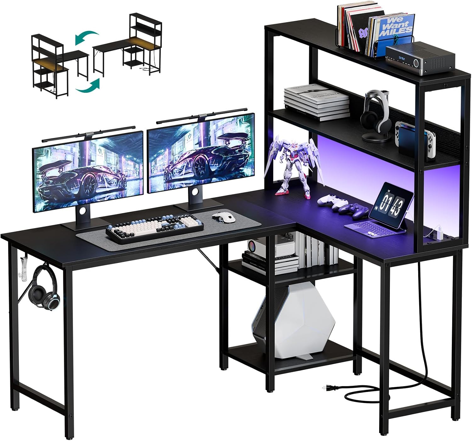 OLIXIS 53 in L Shaped Desk Computer Gaming Desk with Power Outlets & LED Lights, Reversible Corner Home Office Table with Adjustable Shelf & CPU Stand, Black