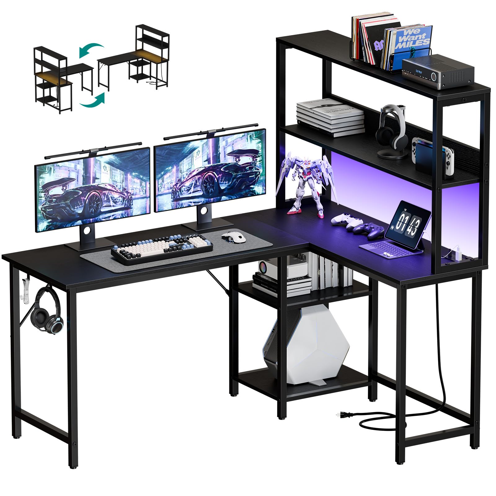 OLIXIS 53 in L Shaped Desk Computer Gaming Desk with Power Outlets & LED Lights, Reversible Corner Home Office Table with Adjustable Shelf & CPU Stand, Black