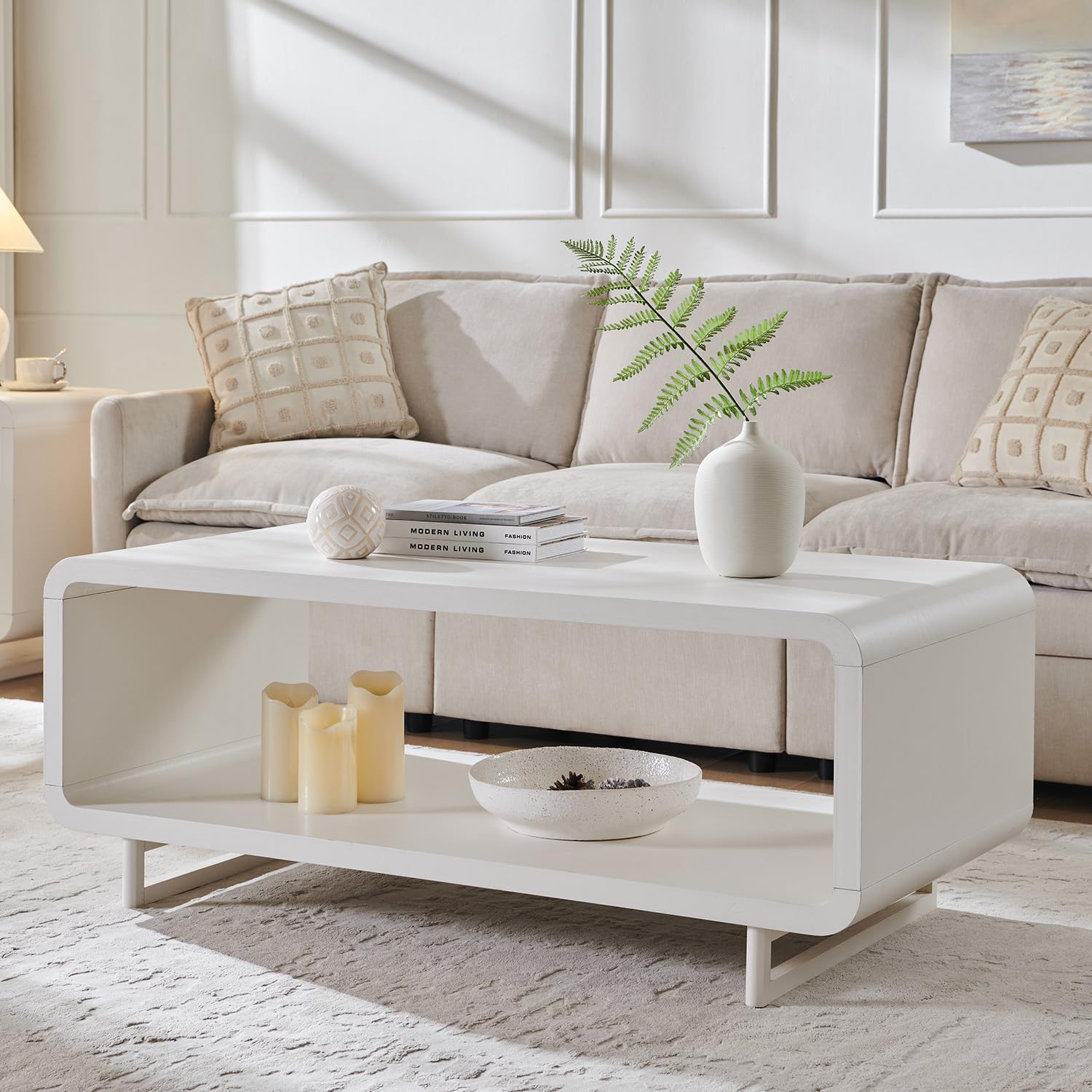 IFGET 48" Modern Coffee Table, 2-Tier Minimalist Center Table with Storage Shelf, Curved Profile Design, Wooden Rectangular Living Room Table w/Wood Thick Design for Living Room, Office, Natural Oak
