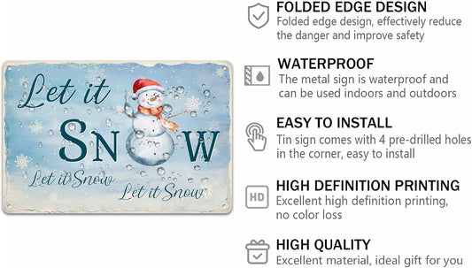 Let It Snow Metal Tin Sign Christmas Theme Vintage Art Poster Winter Snowman Wall Decor for Home Kitchen Cafe Bar Shop Farmhouse Retro Plaque 8x12 Inch
