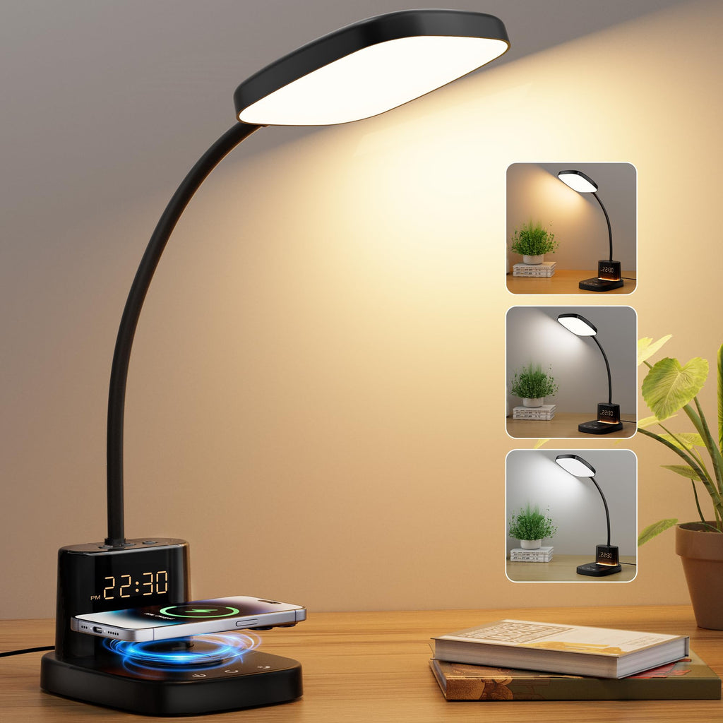 Desk Lamp, LED Desk Lamps for Home Office, Wireless Charger Small Desk Lamp with Pen Holder, 3 Color Modes, Dimmable, CRI 85, 800LM, Study Lamps for College Dorm Room, Adapter Included, Black