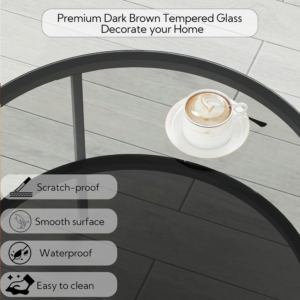 Yusong Round Glass Coffee Tables for Living Room, 2-Tier Circle Coffee Table with Storage, 26" Modern Center Accent Table with Light Black Glass, Small End Table for Small Space, Bedroom