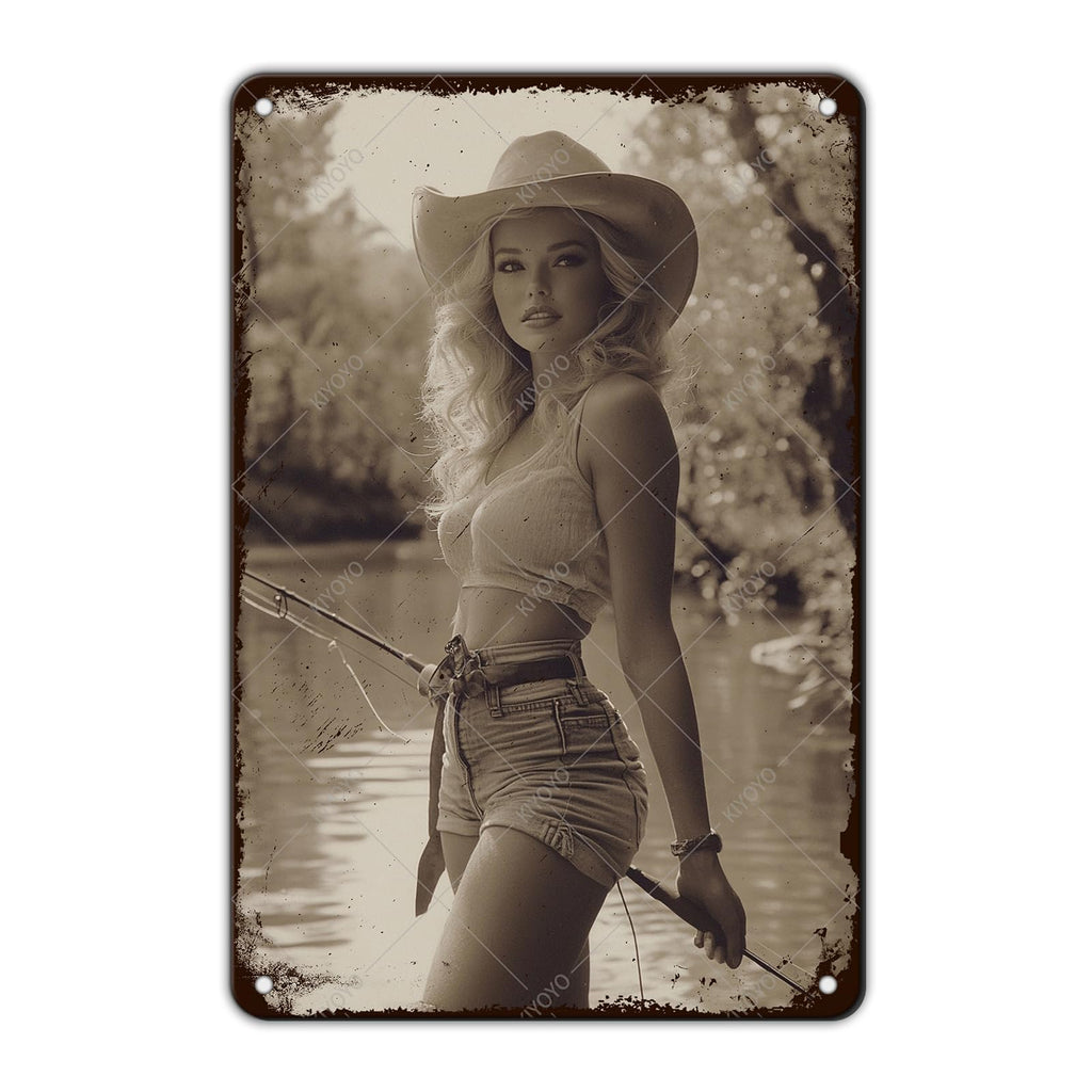 50s Pin up Girl Fishing Metal Tin Sign Open Fly Season Wall Decor Home Angler Cafes Lake House Seascape 12x8 Inch