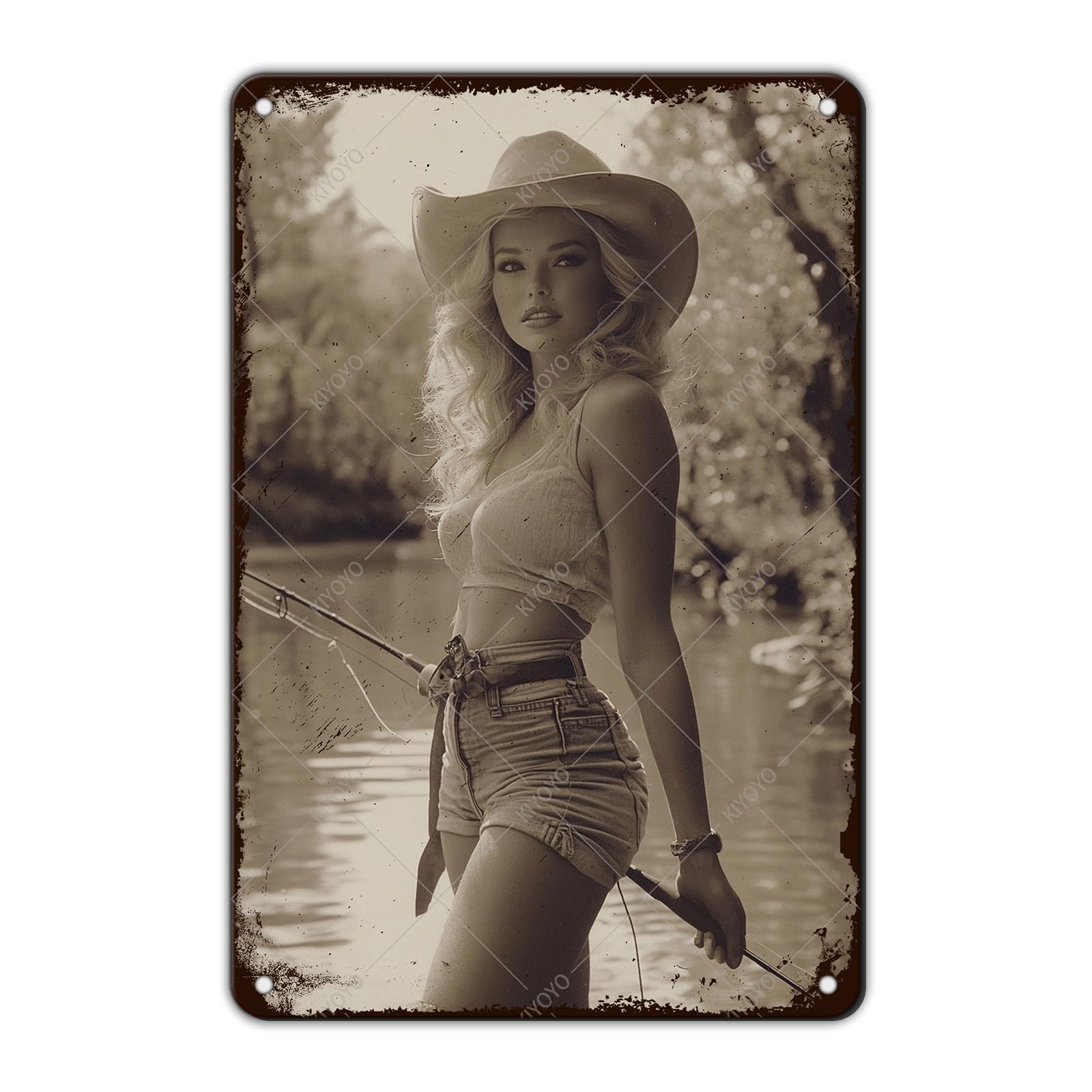 50s Pin up Girl Fishing Metal Tin Sign Open Fly Season Wall Decor Home Angler Cafes Lake House Seascape 12x8 Inch