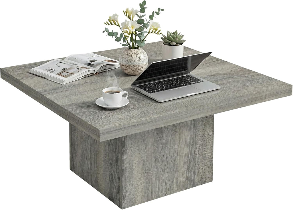 HOMCOM Living Room Table with 1.6" Thick Tabletop, Wood Rustic Coffee Table for Living Room, Farmhouse Coffee Table, Easy to Assemble, 31.5" x 31.5", Gray Wood Grain