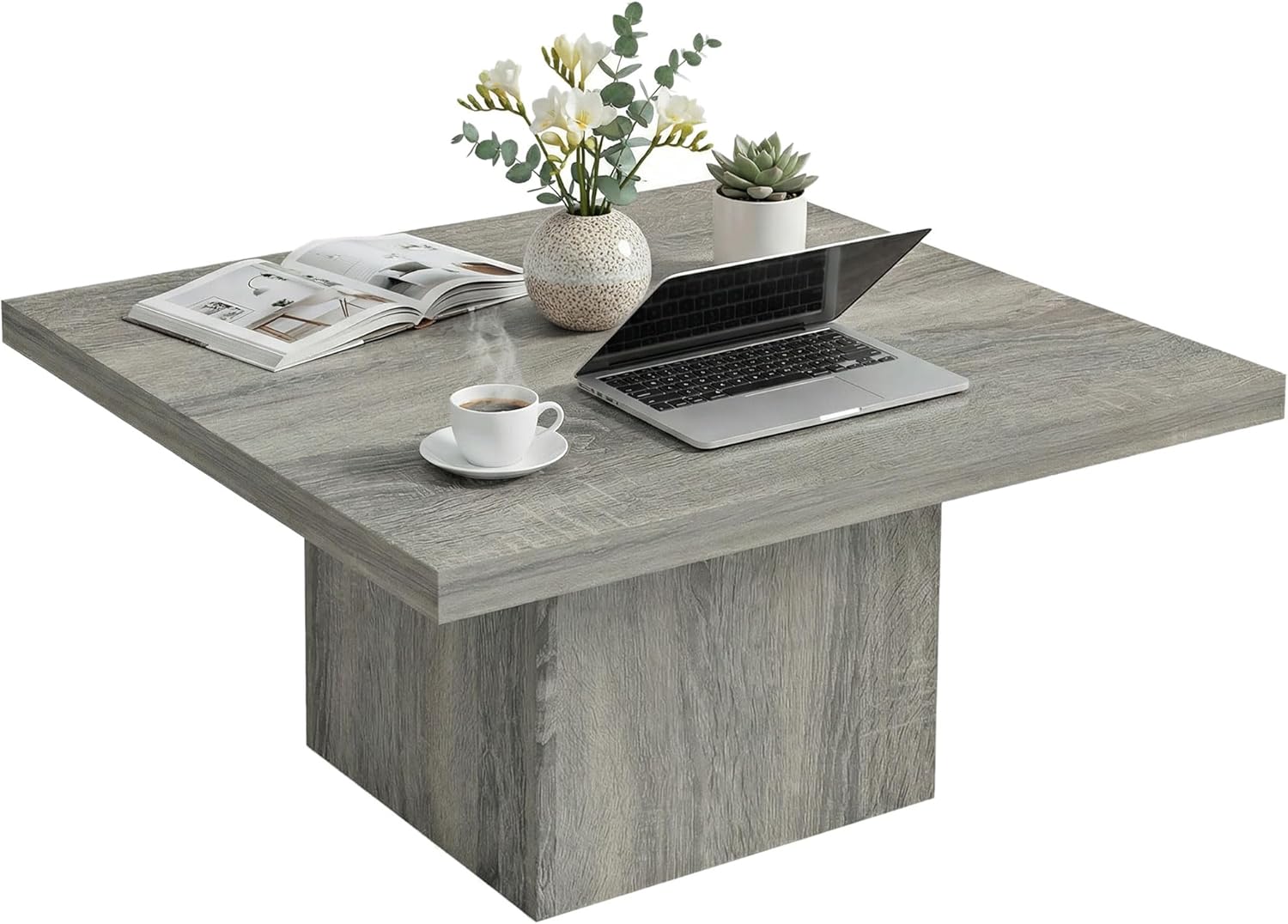 HOMCOM Living Room Table with 1.6" Thick Tabletop, Wood Rustic Coffee Table for Living Room, Farmhouse Coffee Table, Easy to Assemble, 31.5" x 31.5", Gray Wood Grain