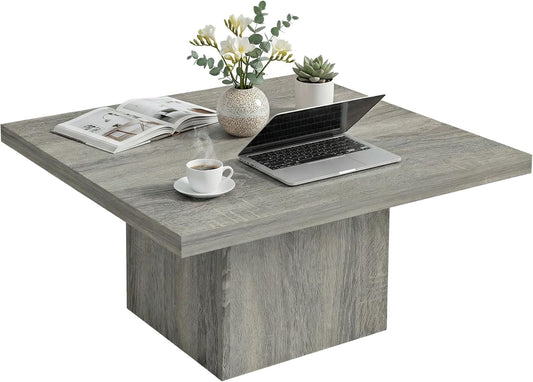 HOMCOM Living Room Table with 1.6" Thick Tabletop, Wood Rustic Coffee Table for Living Room, Farmhouse Coffee Table, Easy to Assemble, 31.5" x 31.5", Gray Wood Grain