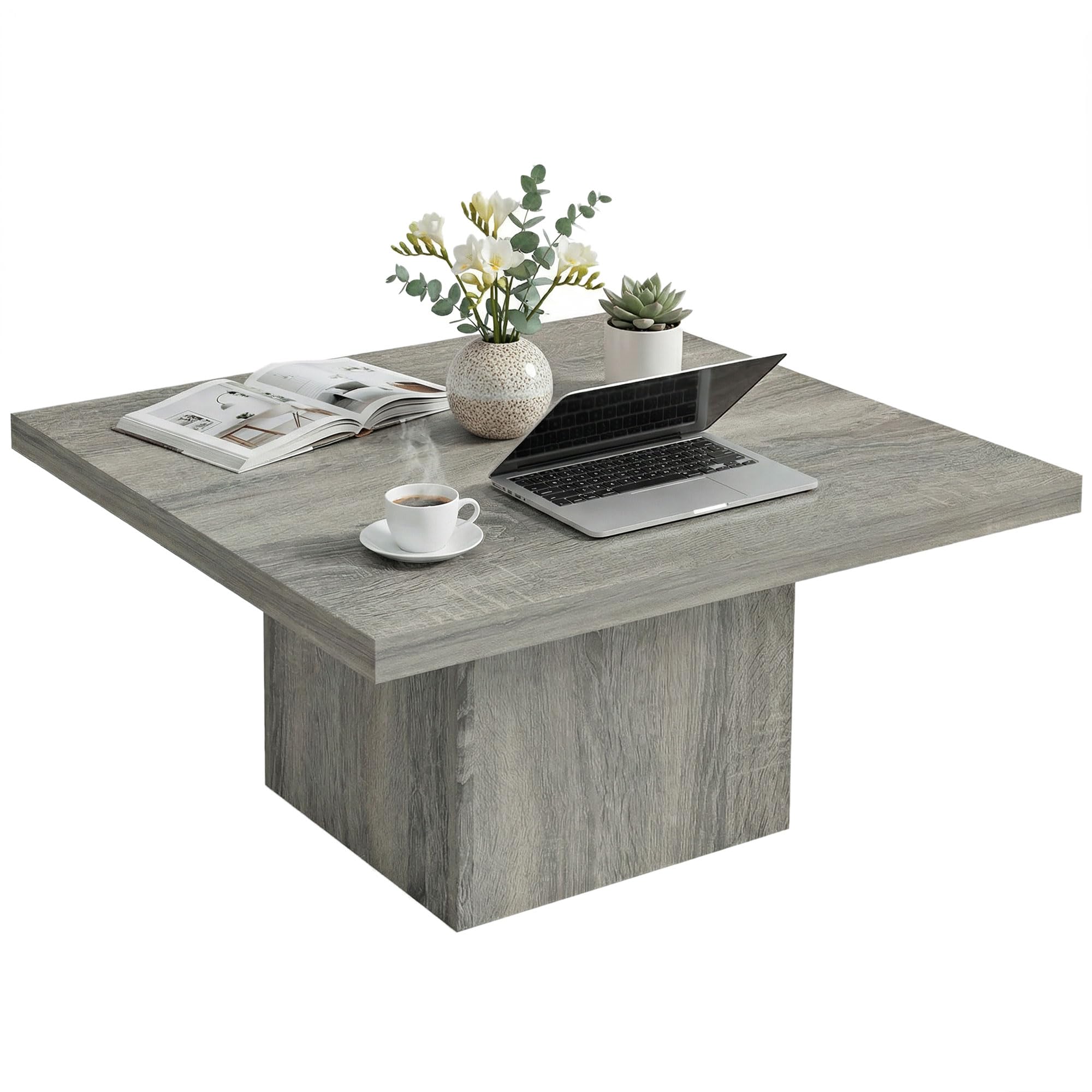 HOMCOM Living Room Table with 1.6" Thick Tabletop, Wood Rustic Coffee Table for Living Room, Farmhouse Coffee Table, Easy to Assemble, 31.5" x 31.5", Gray Wood Grain