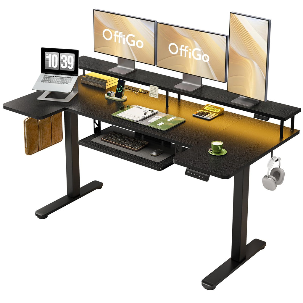 OffiGo U Shaped Electric Standing Desk with Keyboard Tray, 55 Inch Height Adjustable Desk with Power Outlets & LED Lights, Sit Stand Table with Monitor Stand for Home, Office, White
