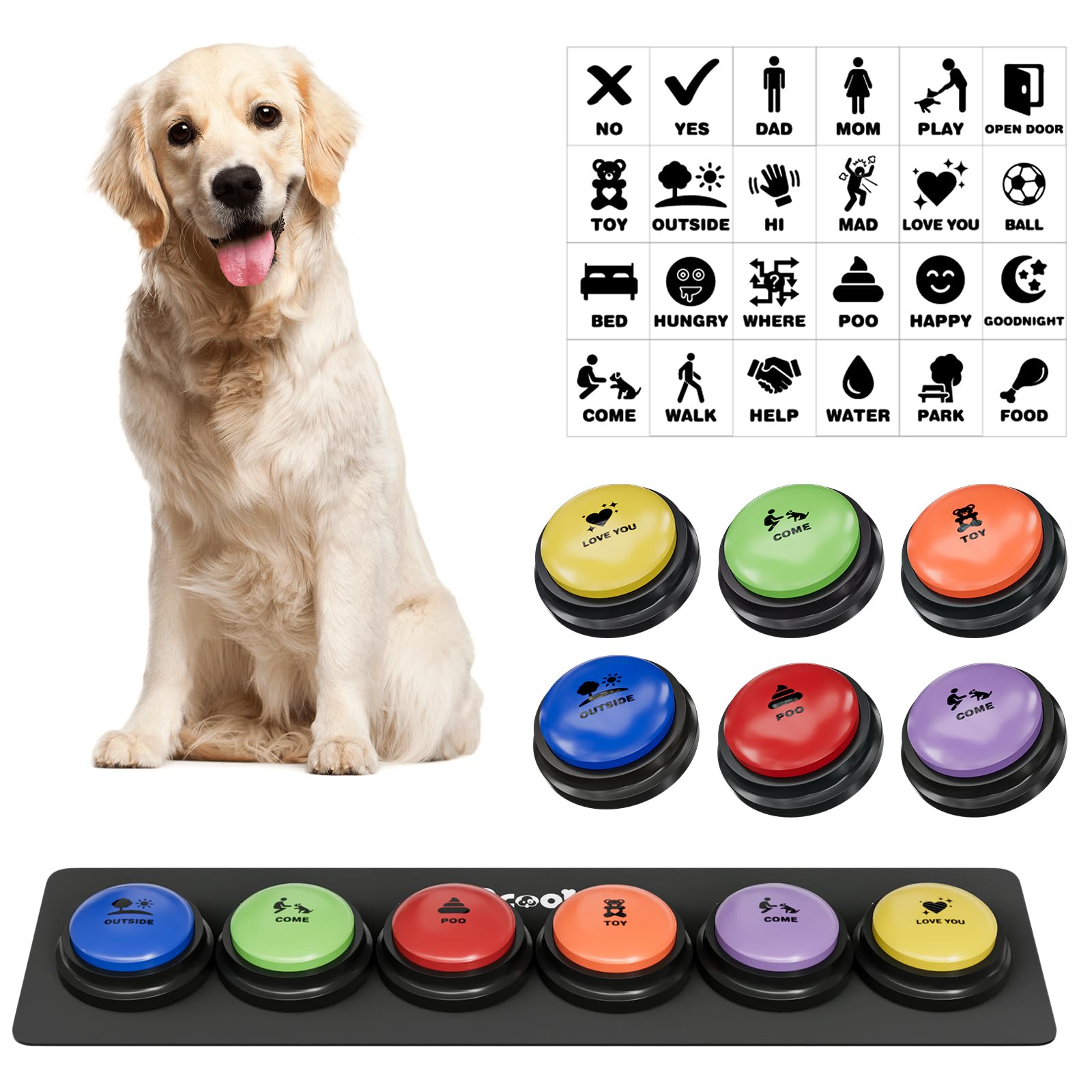 Acools Dog Buttons for Communication, 4 Dog Talking Button Set, Speaking Buttons for Cats and Dogs, 30s Voice Recordable Pet Training Buzzer with Waterproof Dog Activity Mat and 48 Scene Stickers