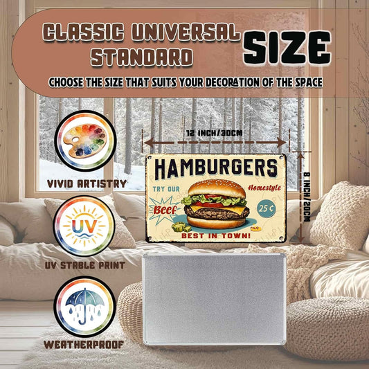 Best in Town Beef Hamburgers Retro Metal Tin Sign Vintage Wall Decor Bar Fast Food Shop Restaurant Kitchen Snack Truck Pub Coffee Home Poster 12x8 Inch