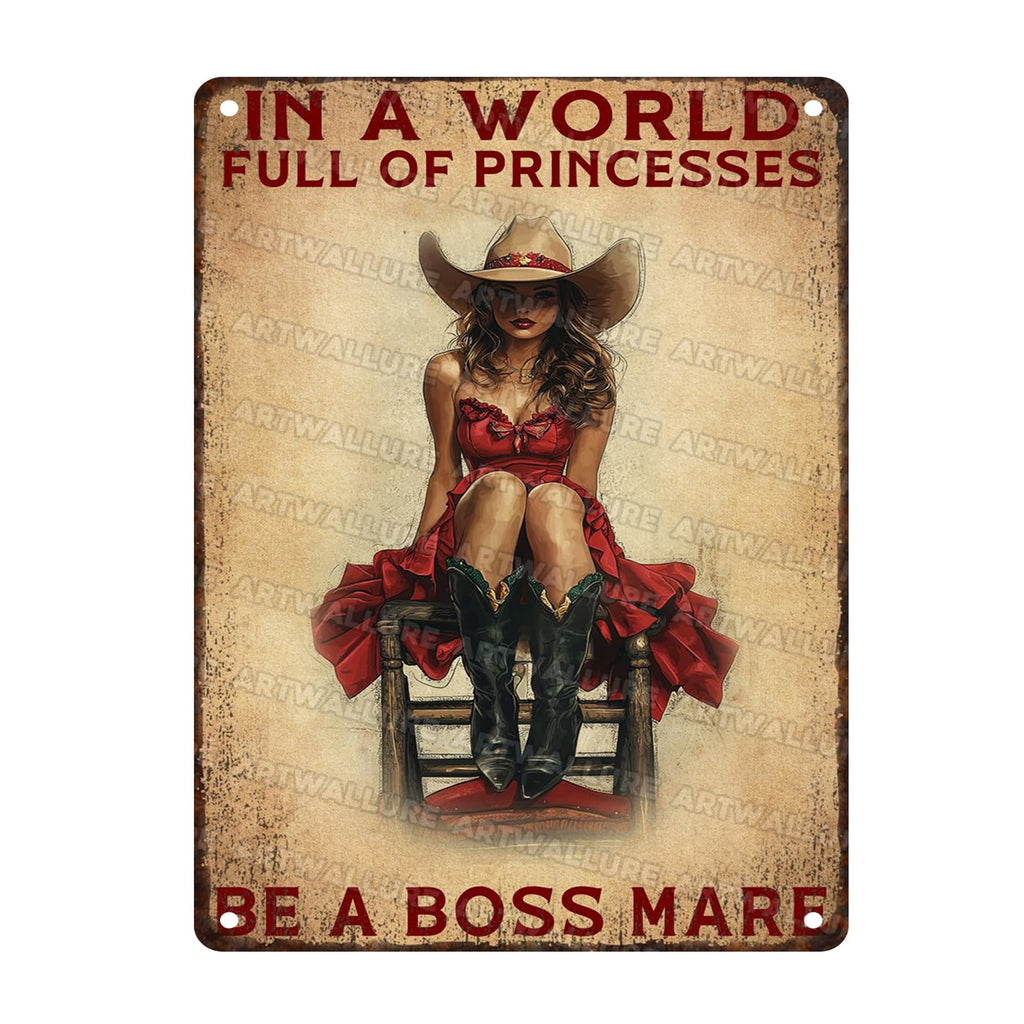 Retro Cowgirl Tin Sign Metal Wall Art Rustic Western Home Decor Wanted Theme 8x12inch