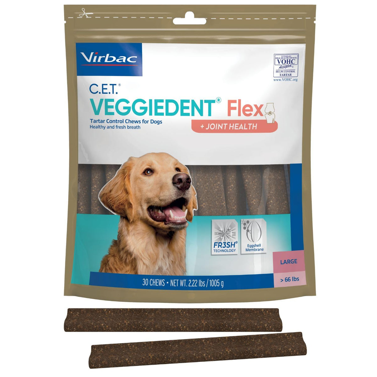 Virbac C.E.T.® VEGGIEDENT® Flex Tartar Control Chews for Dogs - Multifunctional to Support Joint Health, VOHC Approved - Large Dogs Over 66lbs